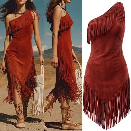 Anika - Western-Boho-One-Shoulder-Kleid mit Fransen – Asymmetrisches