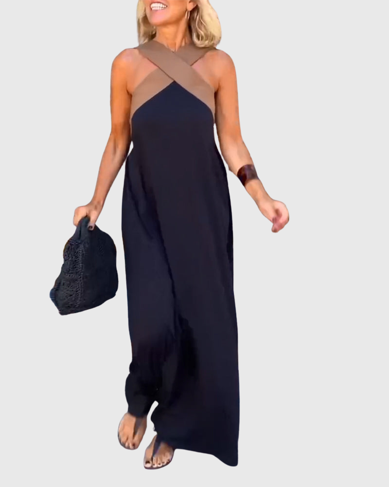 Cassy - Elegantes Crossover Halter Maxikleid Leichtes Schwarz