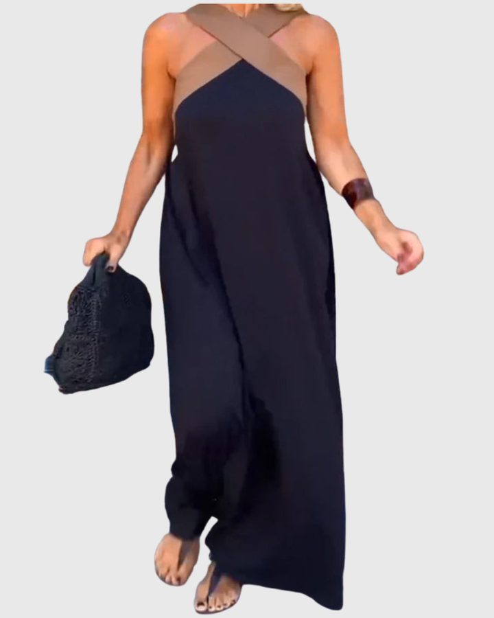 Cassy - Elegantes Crossover Halter Maxikleid Leichtes Schwarz