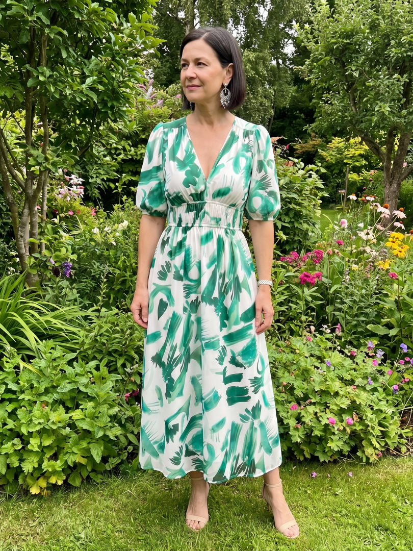 Candlia - Puffärmel V-Ausschnitt Midi Kleid mit abstraktem Druck