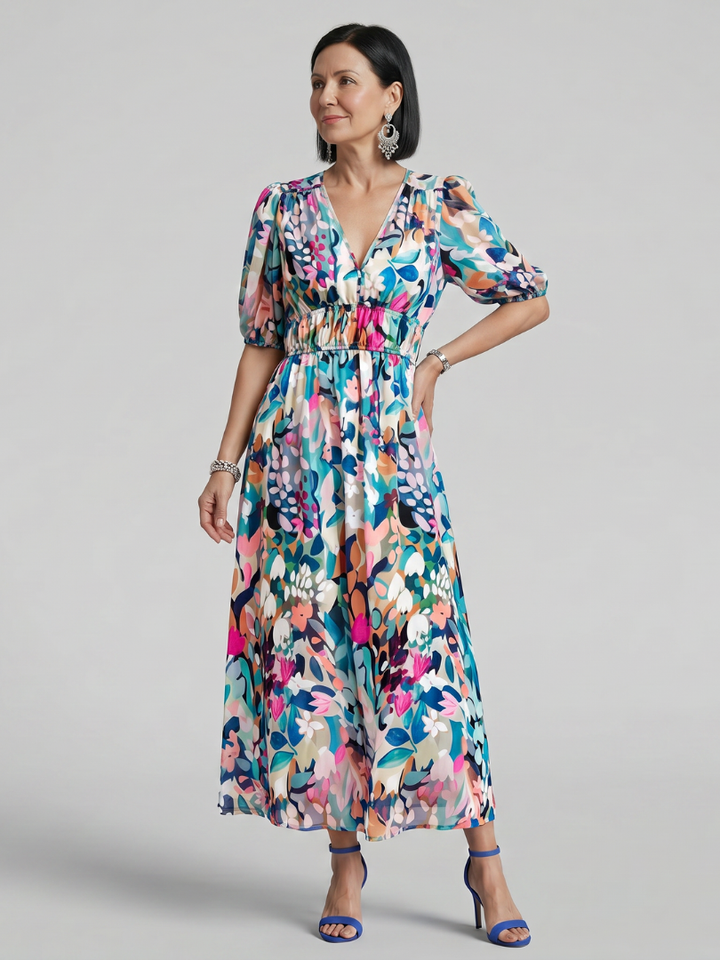 Candlia - Puffärmel V-Ausschnitt Midi Kleid mit abstraktem Druck