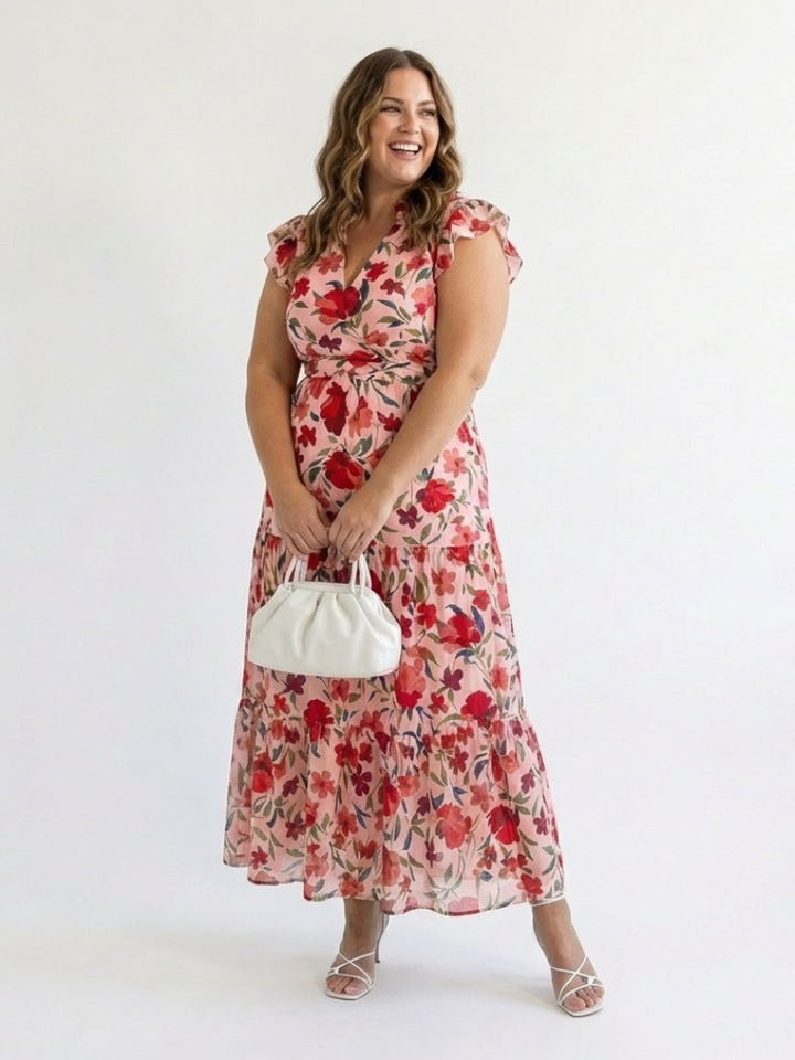 Lila - Floral V-Ausschnitt Schichten Midi Kleid