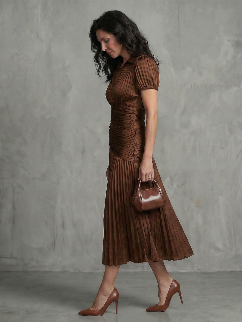 Theodora - Plissierter Taillenstreifen Midi-Kleid