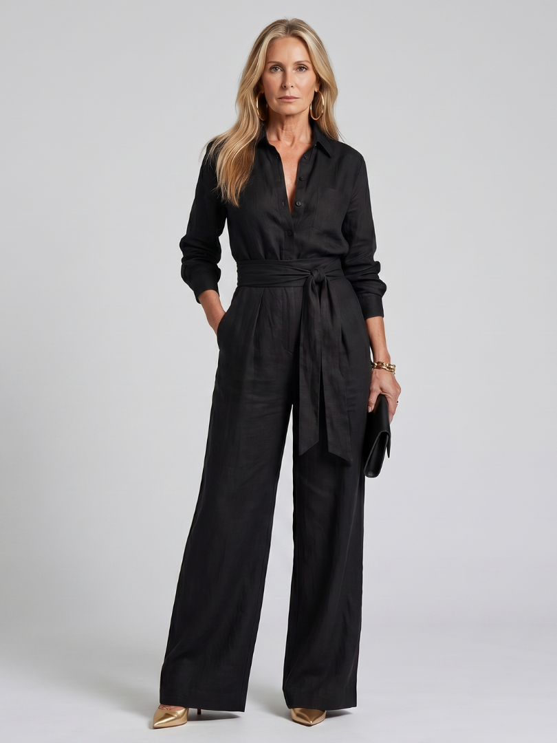 Jovie - Langärmliger Jumpsuit mit Knopfleiste und weitem Bein