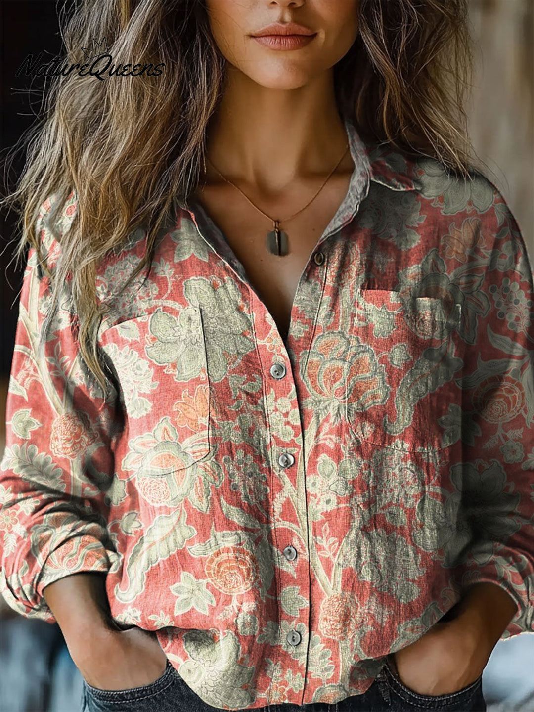 Angela - Vintage Floral Muster Lässiges Langarm Bequemes Baumwollshirt