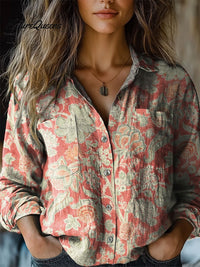 Angela - Vintage Floral Muster Lässiges Langarm Bequemes Baumwollshirt