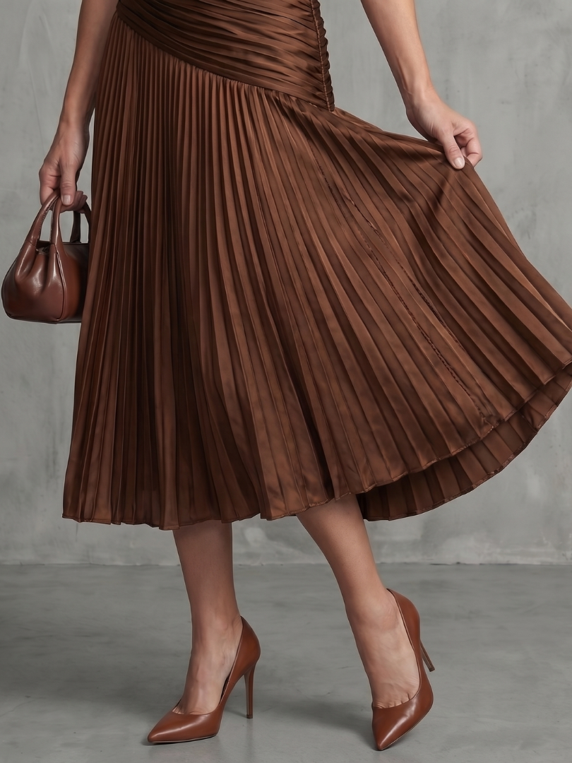Theodora - Plissierter Taillenstreifen Midi-Kleid