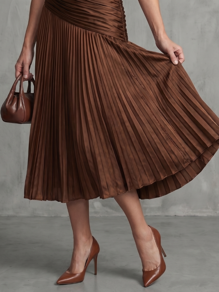 Theodora - Plissierter Taillenstreifen Midi-Kleid