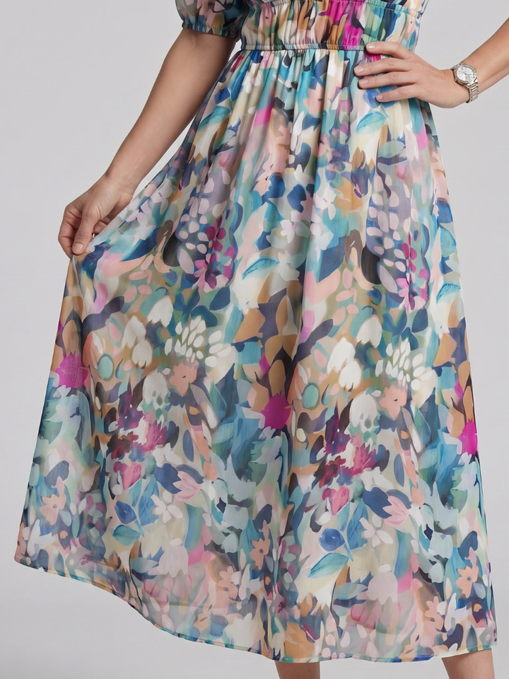 Candlia - Puffärmel V-Ausschnitt Midi Kleid mit abstraktem Druck