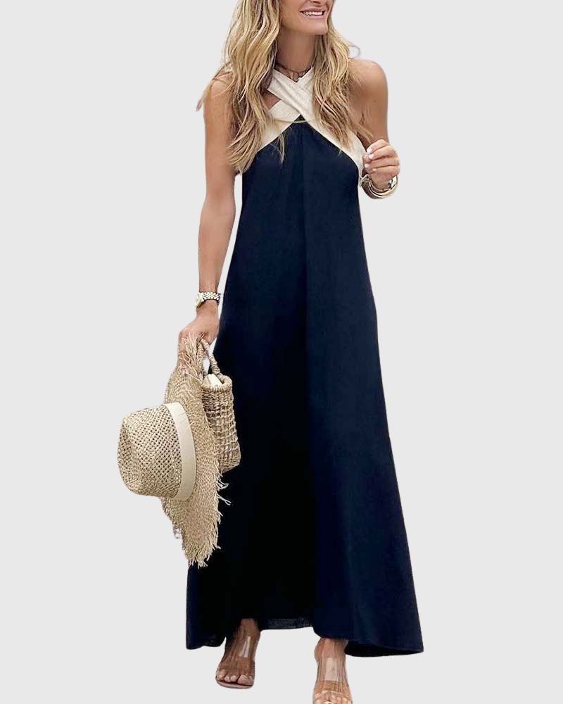 Cassy - Elegantes Crossover Halter Maxikleid Leichtes Schwarz