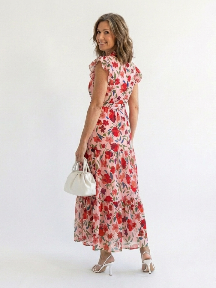 Lila - Floral V-Ausschnitt Schichten Midi Kleid