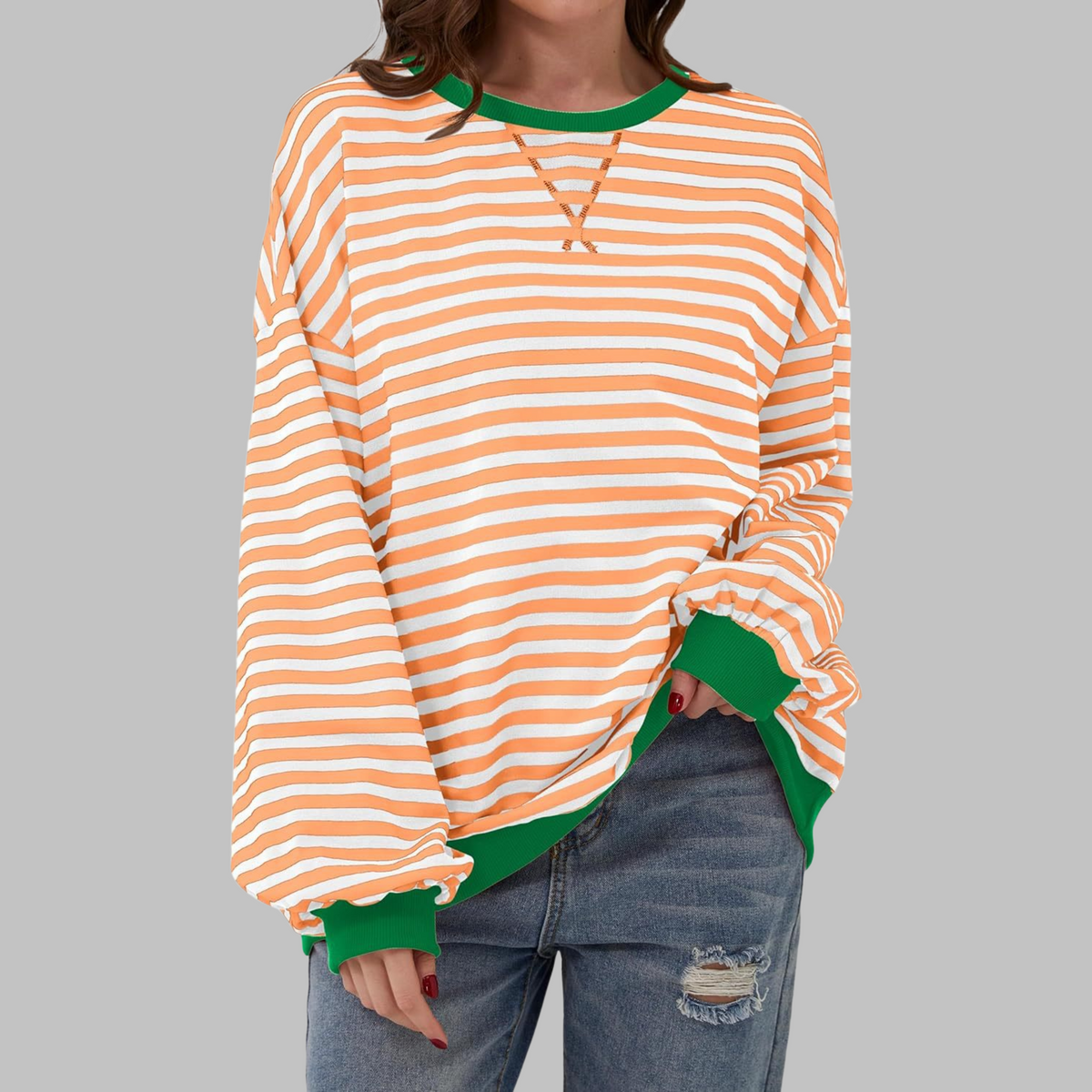 Mara | Damen Oversized Streifenpullover mit Rundhalsausschnitt und langen Ärmeln