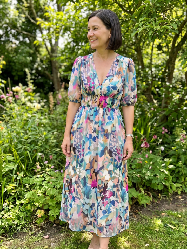 Candlia - Puffärmel V-Ausschnitt Midi Kleid mit abstraktem Druck