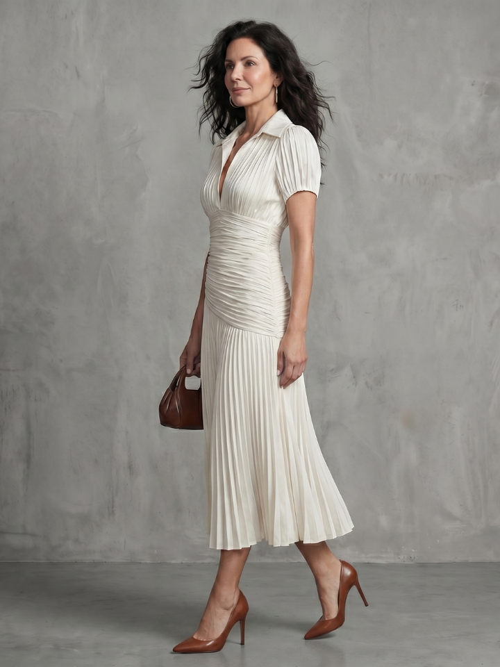Theodora - Plissierter Taillenstreifen Midi-Kleid