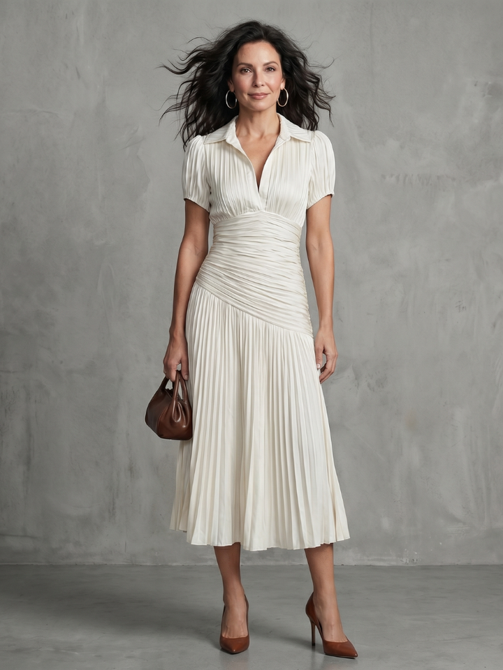 Theodora - Plissierter Taillenstreifen Midi-Kleid