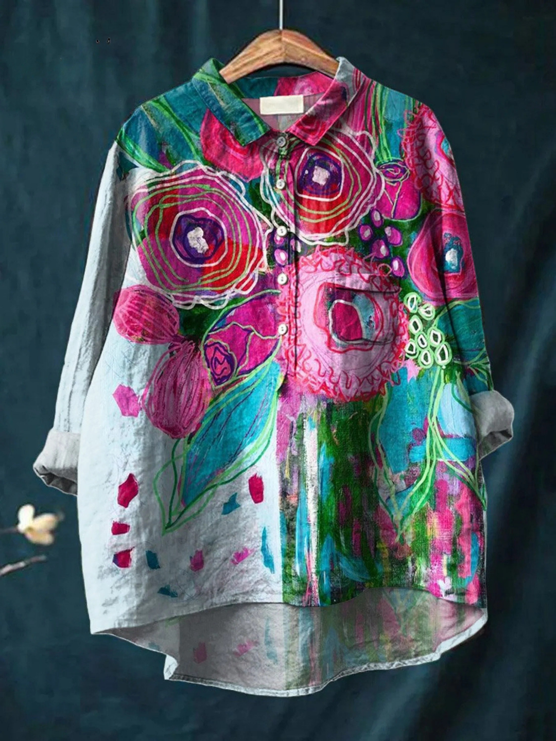 Skylar - Vintage Schönes Floral Kunstdruck Freizeitshirt