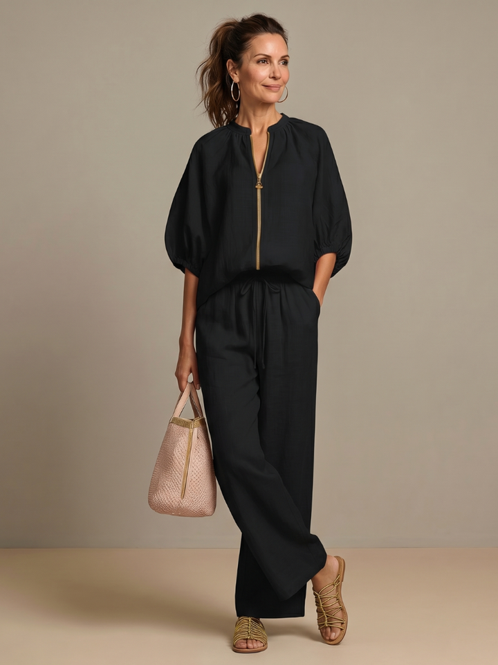 Natalia - Blouson-Top mit Reissverschluss und weit geschnittene Hose
