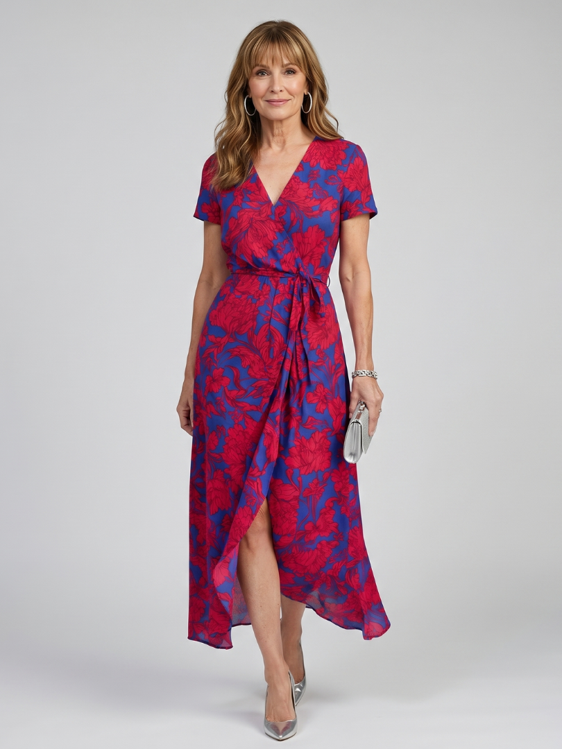 Priya - Kurzärmliges, florales Wickel-Midikleid