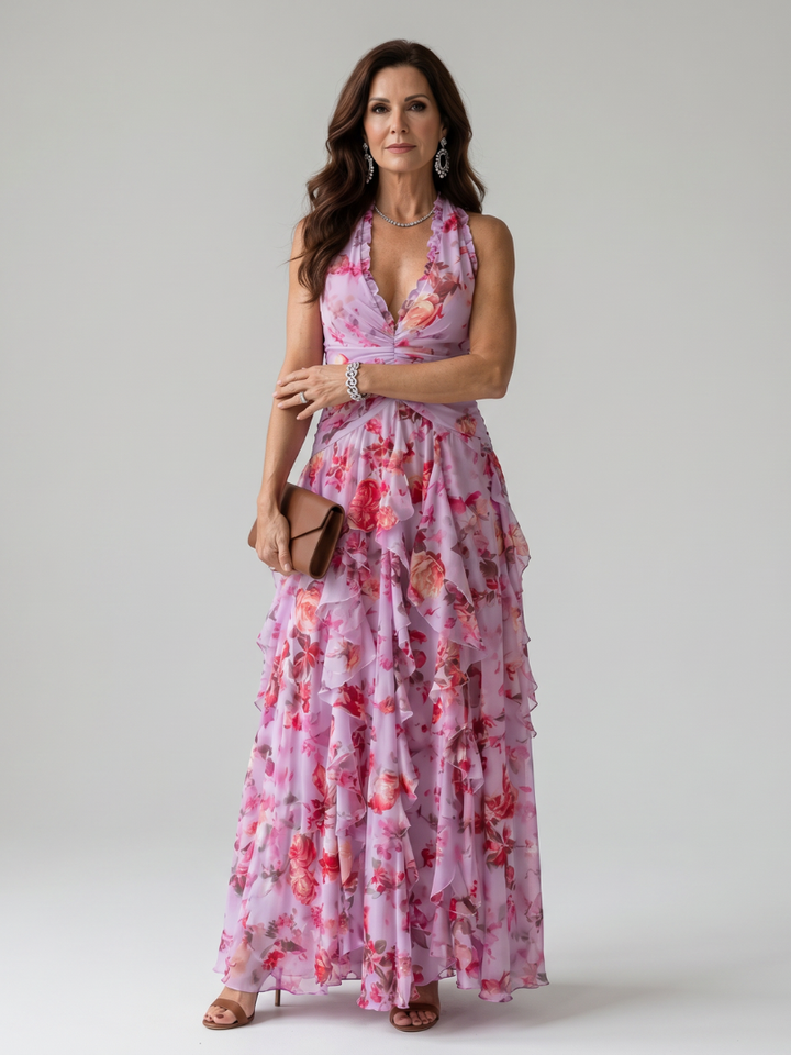 Nori - Halterneck-Rüschentop-Blumen-Maxikleid