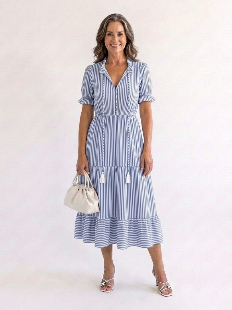 Dakota - Kurzärmeliges gestreiftes, geschichtetes Midikleid