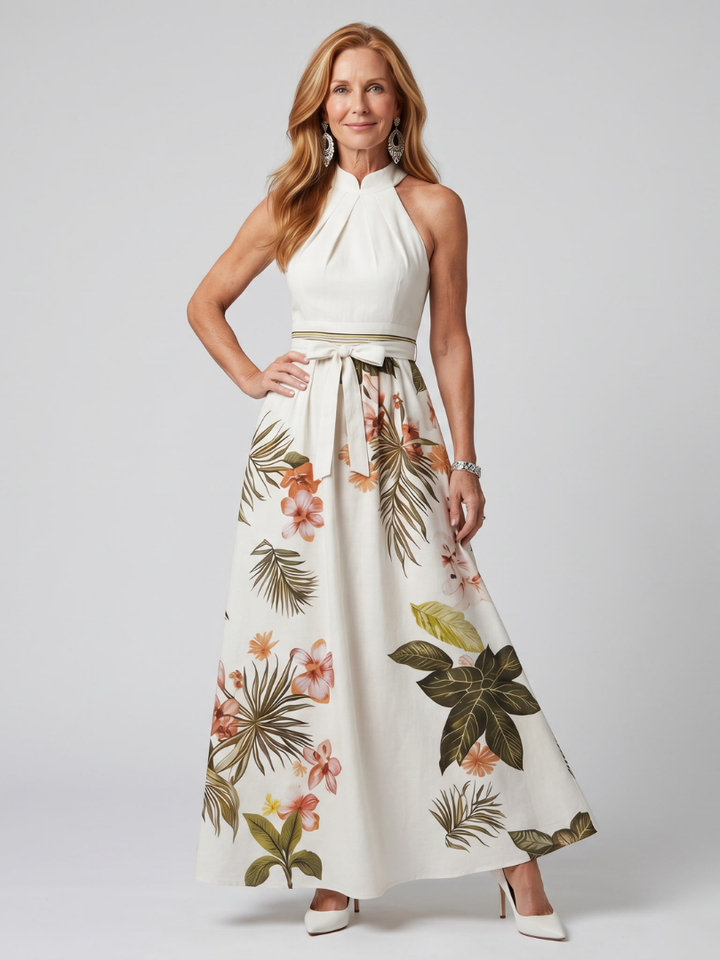 Wiese - Drapiertes Halfter Botanisches Panel Maxikleid