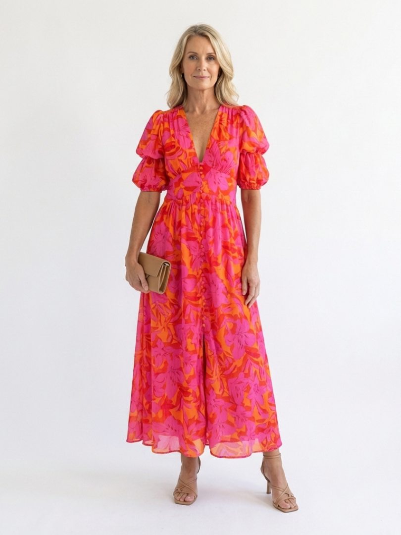 Willow - Florales V-Ausschnitt Midi Kleid mit Puffärmeln
