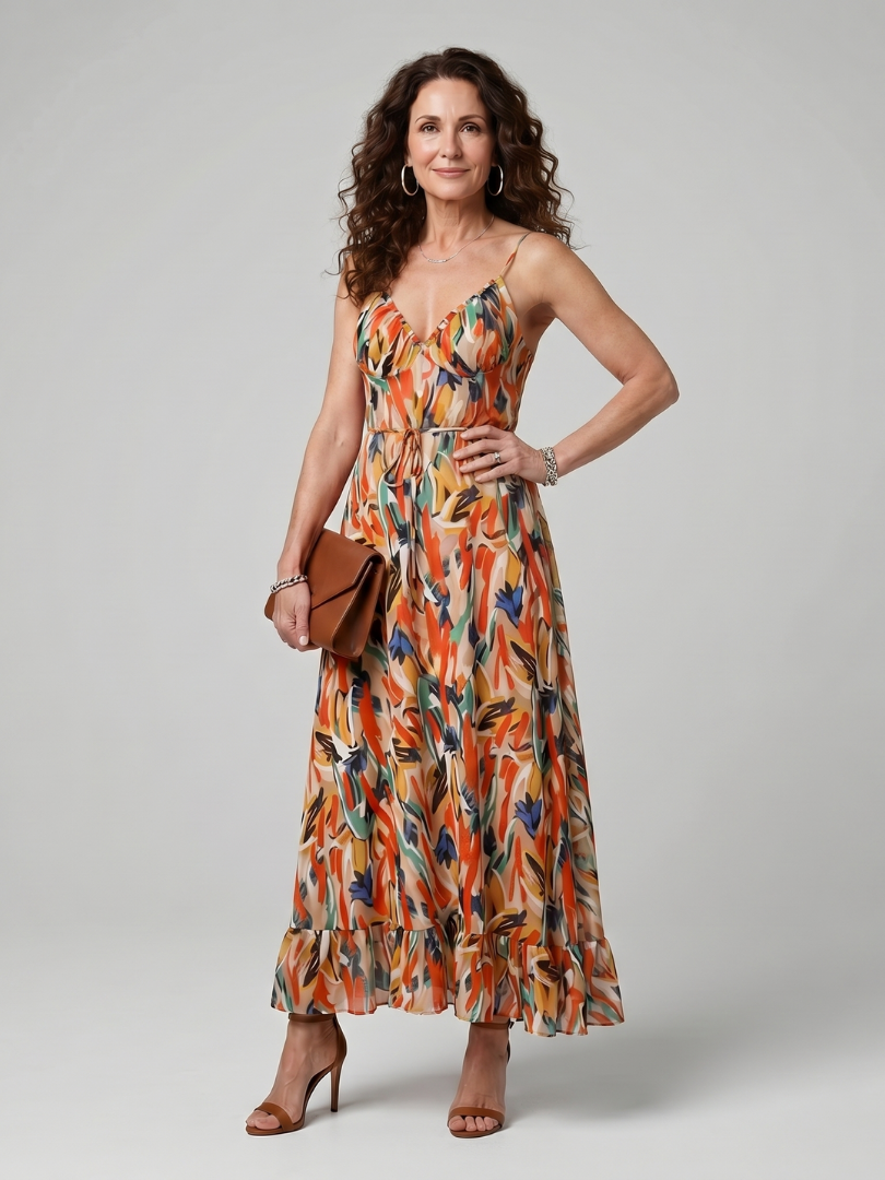 Quill - Spaghetti-Träger Midi-Kleid mit abstraktem Druck