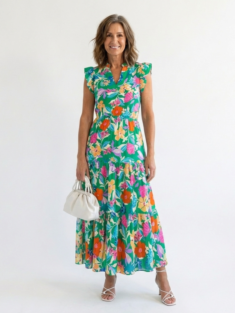 Lila - Floral V-Ausschnitt Schichten Midi Kleid