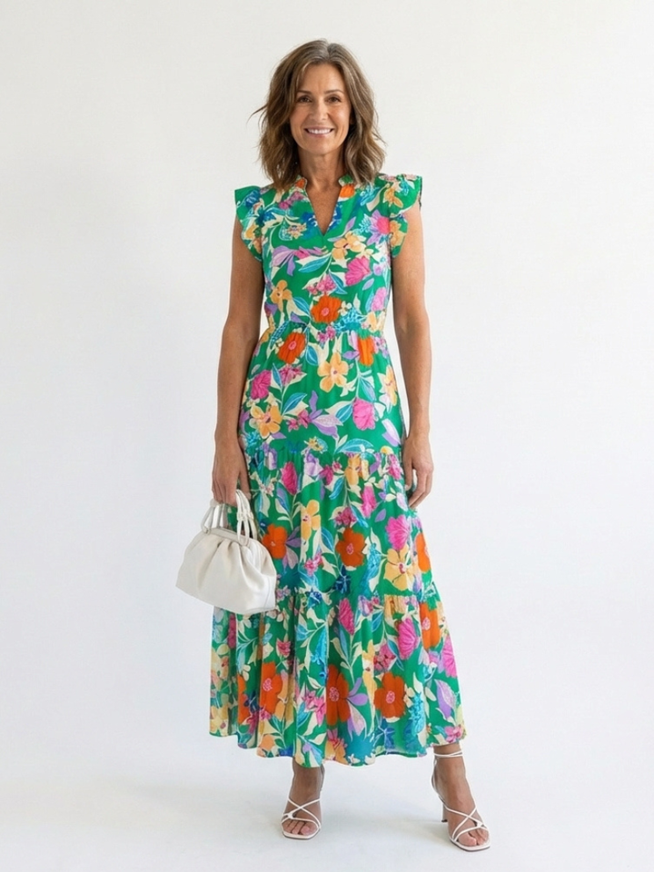 Lila - Floral V-Ausschnitt Schichten Midi Kleid