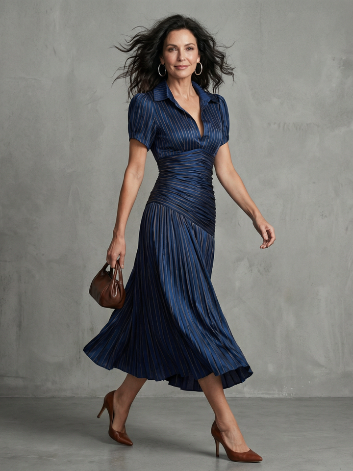 Theodora - Plissierter Taillenstreifen Midi-Kleid