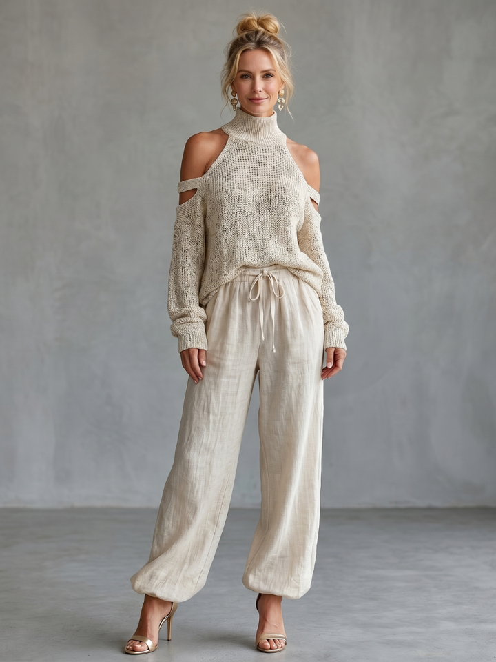 Questa - Offene Schulter Stricktop und Weite Hose Set