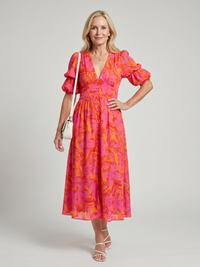 Zarelle - Puffärmel V-Ausschnitt Midi-Kleid mit kräftigem Blumenmuster
