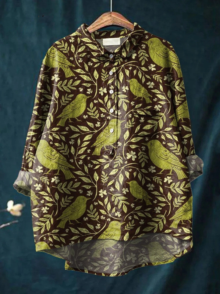 Nora - Damen Vintage Floral Vögel Kunstdruck Casual Shirt