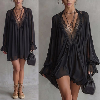 Beverly - Damen Boho Mini-Kleid aus schwarzem Chiffon