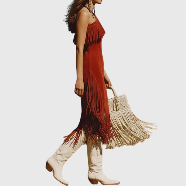 Anika - Western-Boho-One-Shoulder-Kleid mit Fransen – Asymmetrisches