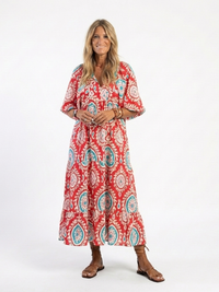 Zaria - Paisley-Druck V-Ausschnitt Kurzarm Midi-Kleid