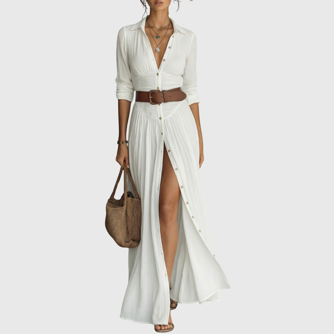 Wendy - Langes Maxi-Leinenkleid mit eingekerbtem Kragen und langen