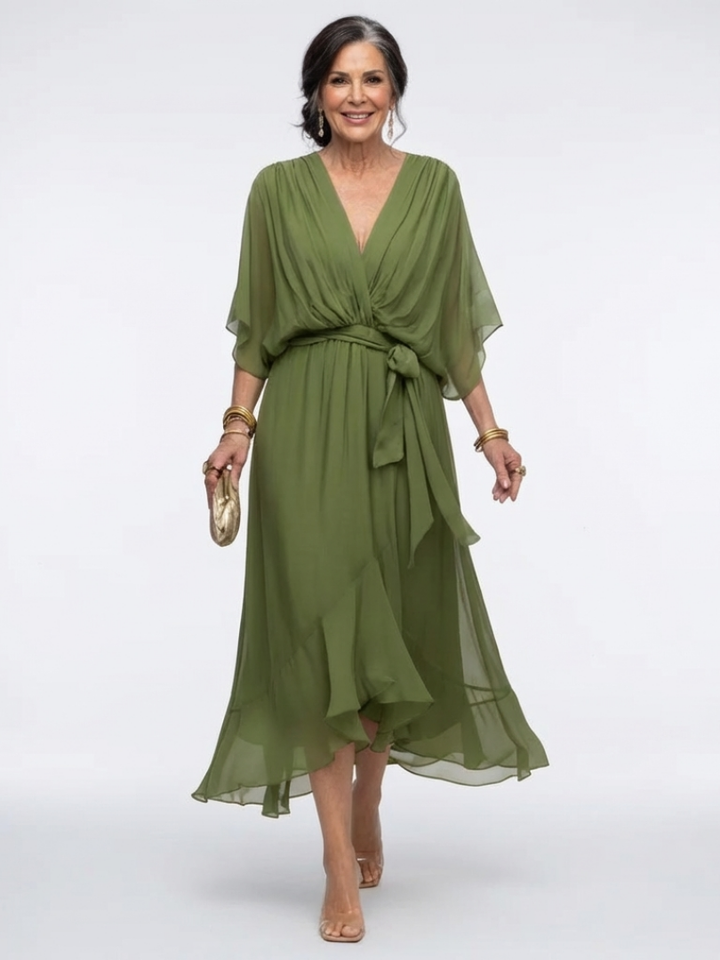 Elysia - V-Ausschnitt Drapiertes Taillenband Midi-Kleid