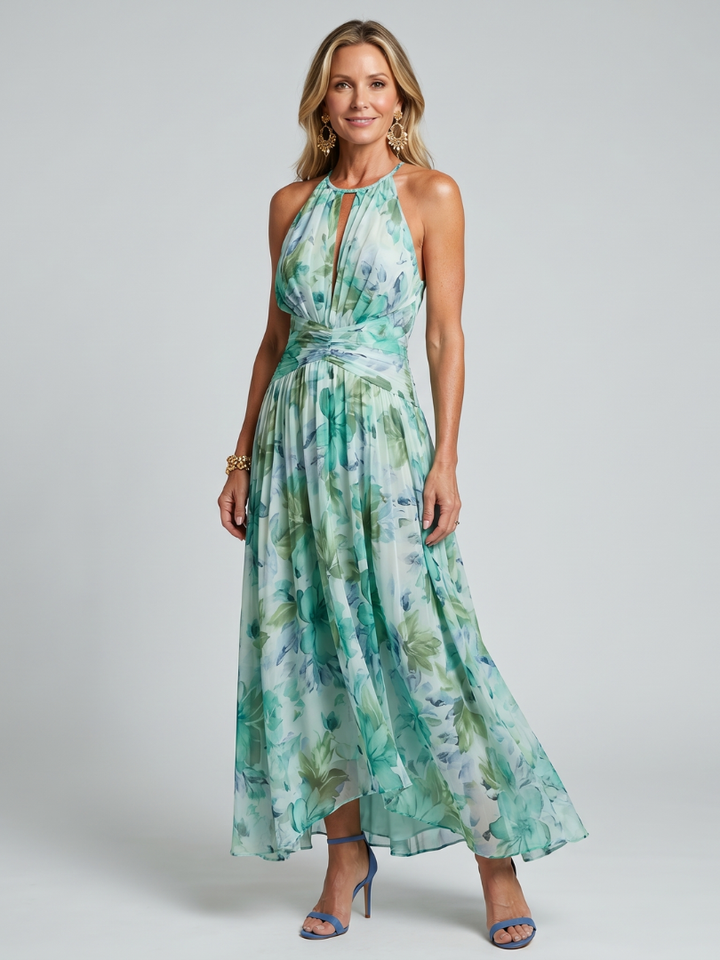 Portia - Faltendes Halter-Soft-Blumenmuster-Midi-Kleid