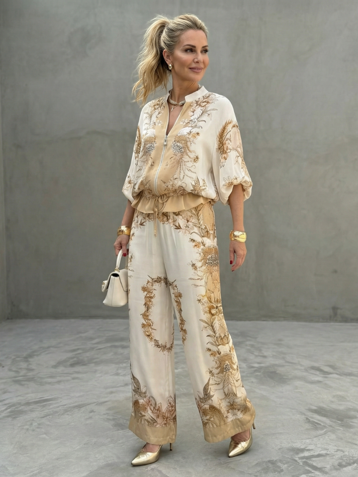 Indie - Zip-Front Blouson Top Bedrucktes Zweiteiliges Set
