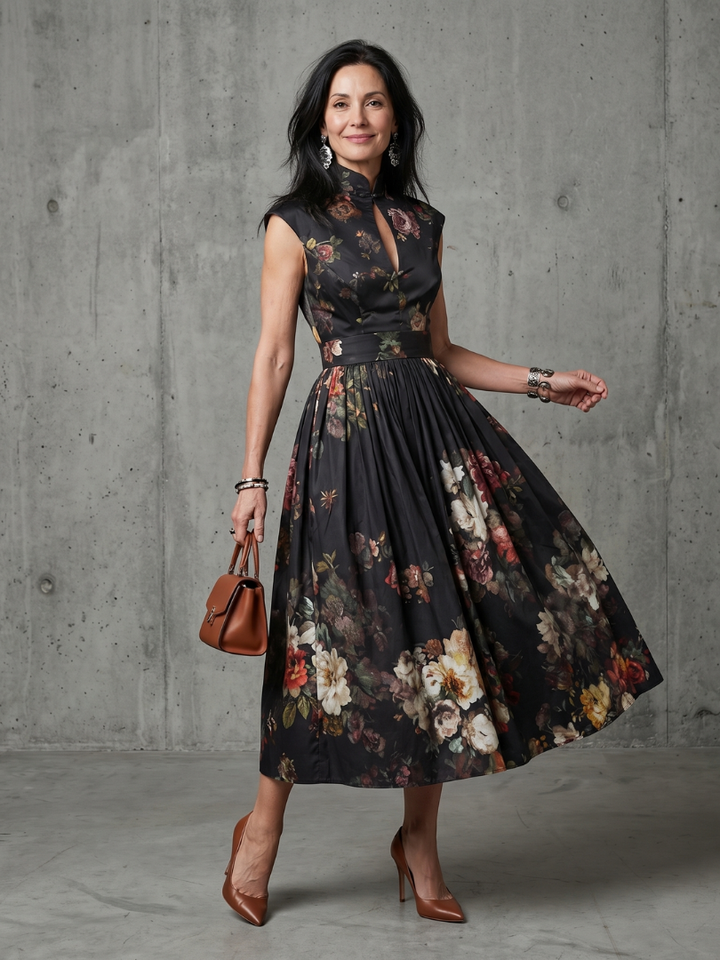 Greta - Hochgeschlossenes Schlüssel-Loch Blumengeplissertes Midi-Kleid