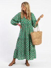 Fiora - Floral Print V-Ausschnitt Schicht Midi Kleid