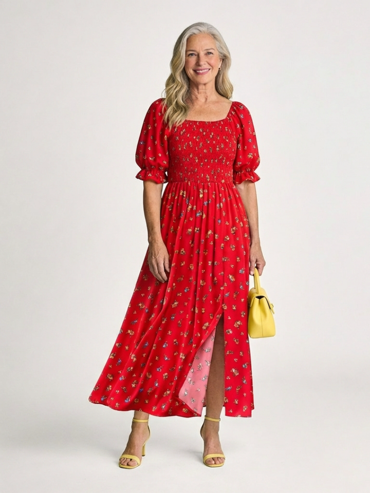 Delphine - Midi-Kleid mit quadratischem Ausschnitt und Blumenmuster