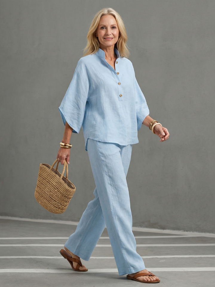 Amity - Knopf-Front Relaxed Tunika-Hosen-Set
