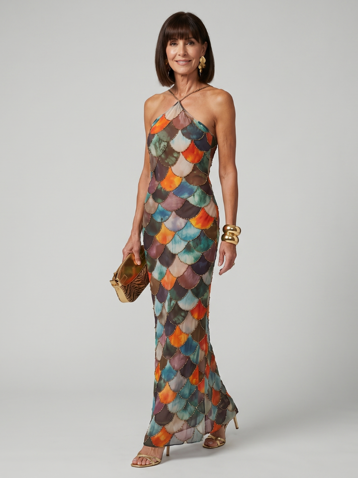 Larkin - Figurbetontes Maxikleid mit mehrfarbigem Schuppenmuster