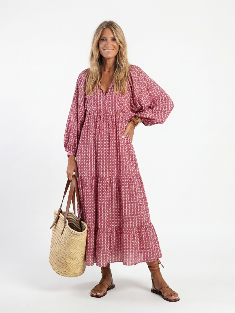 Arlette - Geometrisches Druck Langarm Midi Kleid