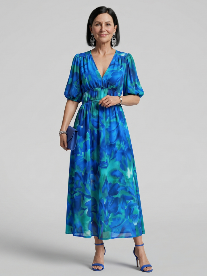 Candlia - Puffärmel V-Ausschnitt Midi Kleid mit abstraktem Druck