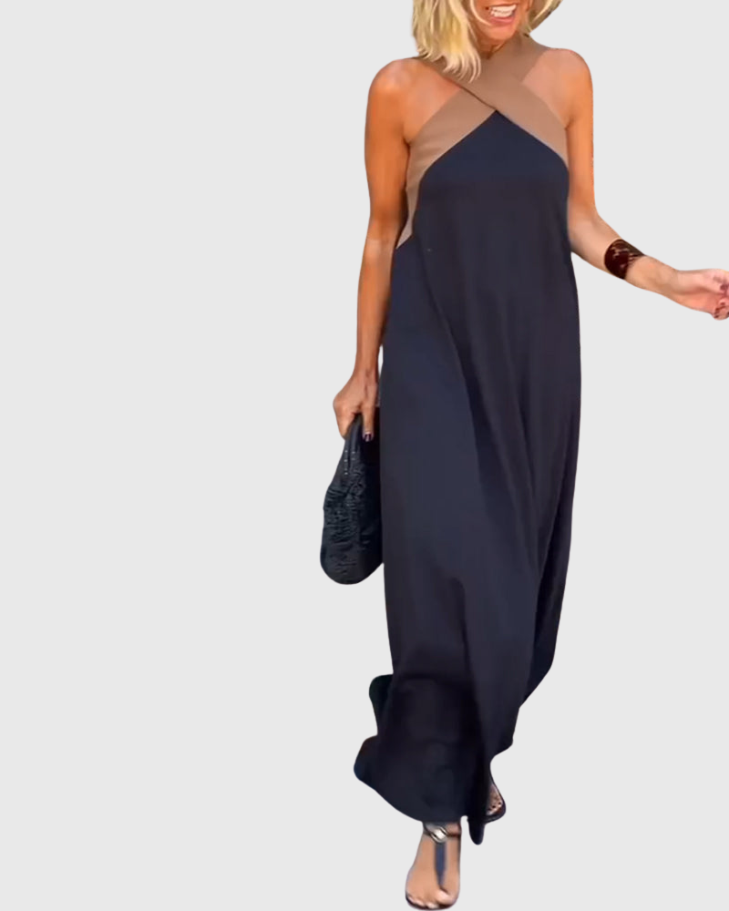 Cassy - Elegantes Crossover Halter Maxikleid Leichtes Schwarz