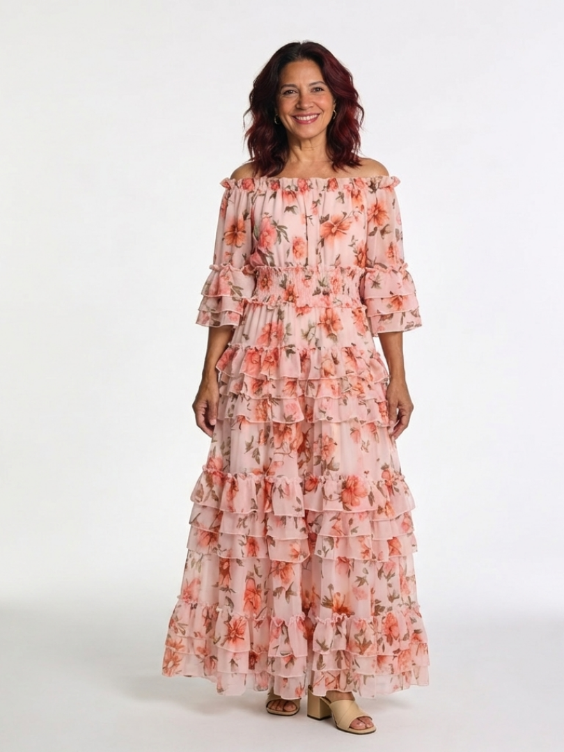 Rosalie - Off-Shoulder Floral Ruffle Tiered Maxi-Kleid