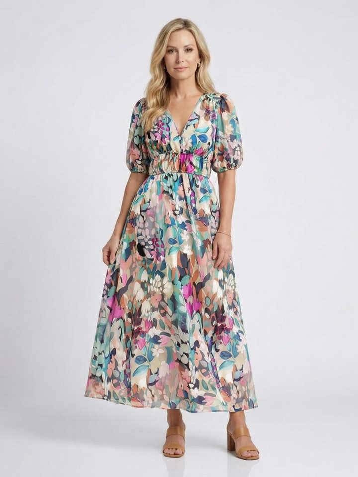 Eulalie - V-Ausschnitt Kurzarm Kleid mit gerafftem Taillenbereich Midi